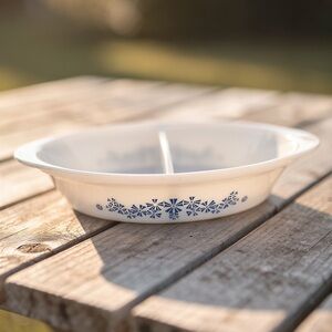 Vintage Glasbake Milk Glass Oval Divided Casserole Dish In Blue Pinwheel Pattern